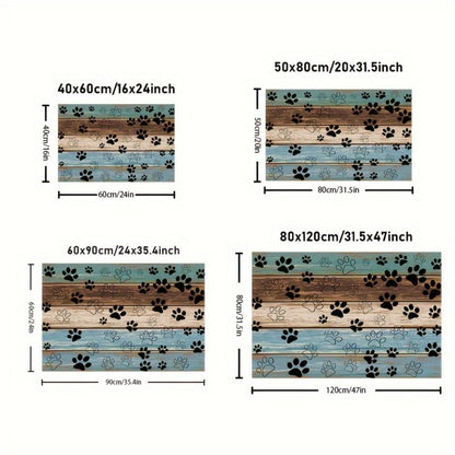 Cat Paw Print Door Mat with Blue and Brown Wood-Look Bands in Three Rectangular Entryway Sizes