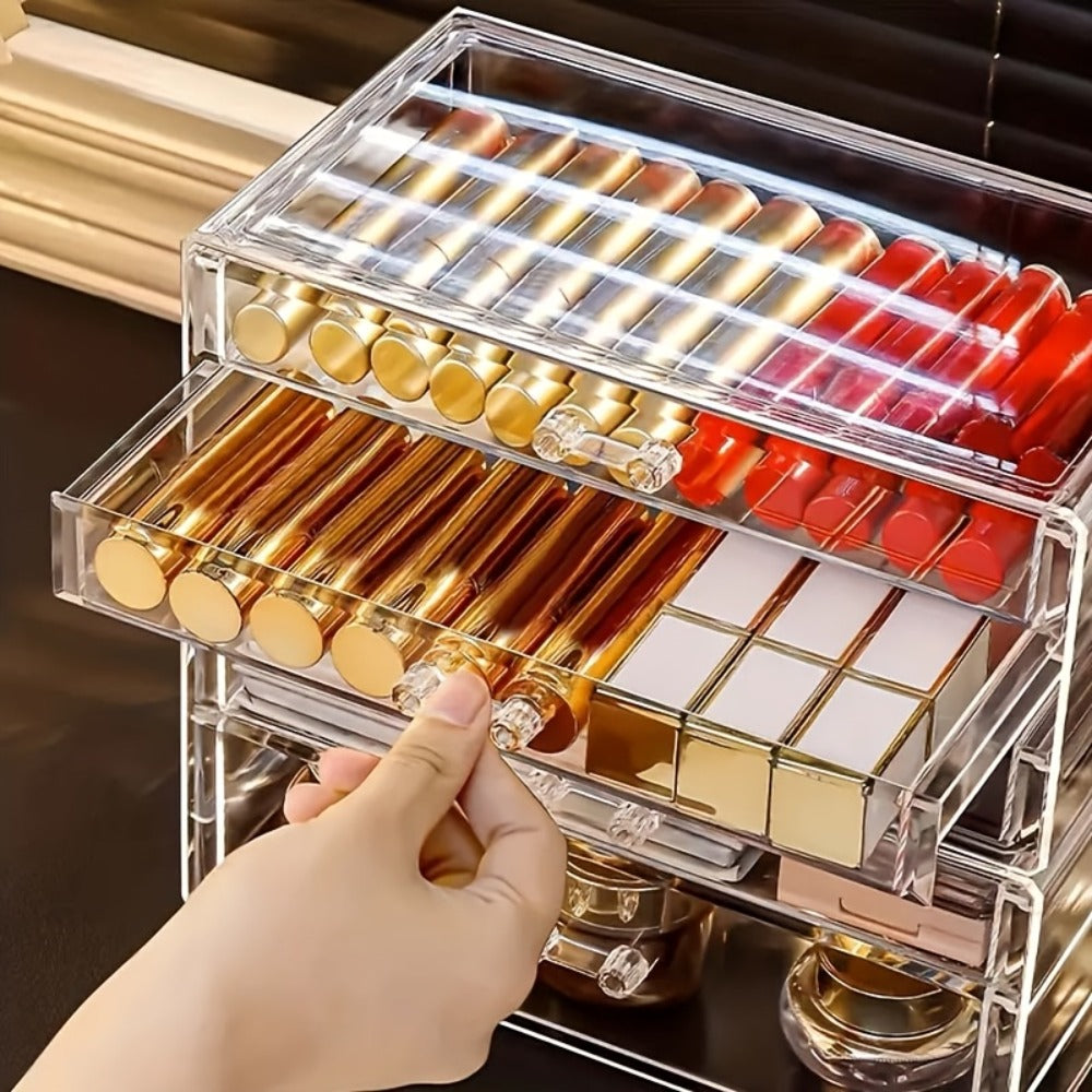 Clear Acrylic Makeup Organizer 5-Tier with Drawers Dustproof Cosmetic Storage for Lipstick Foundation Brushes Skincare — No Installation Vanity Bathroom Office Desk