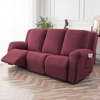 Slipcover Set, Eight-Piece Jacquard Stretch Cover for Three-Seat Recliner with Side Pocket in Nine Colors