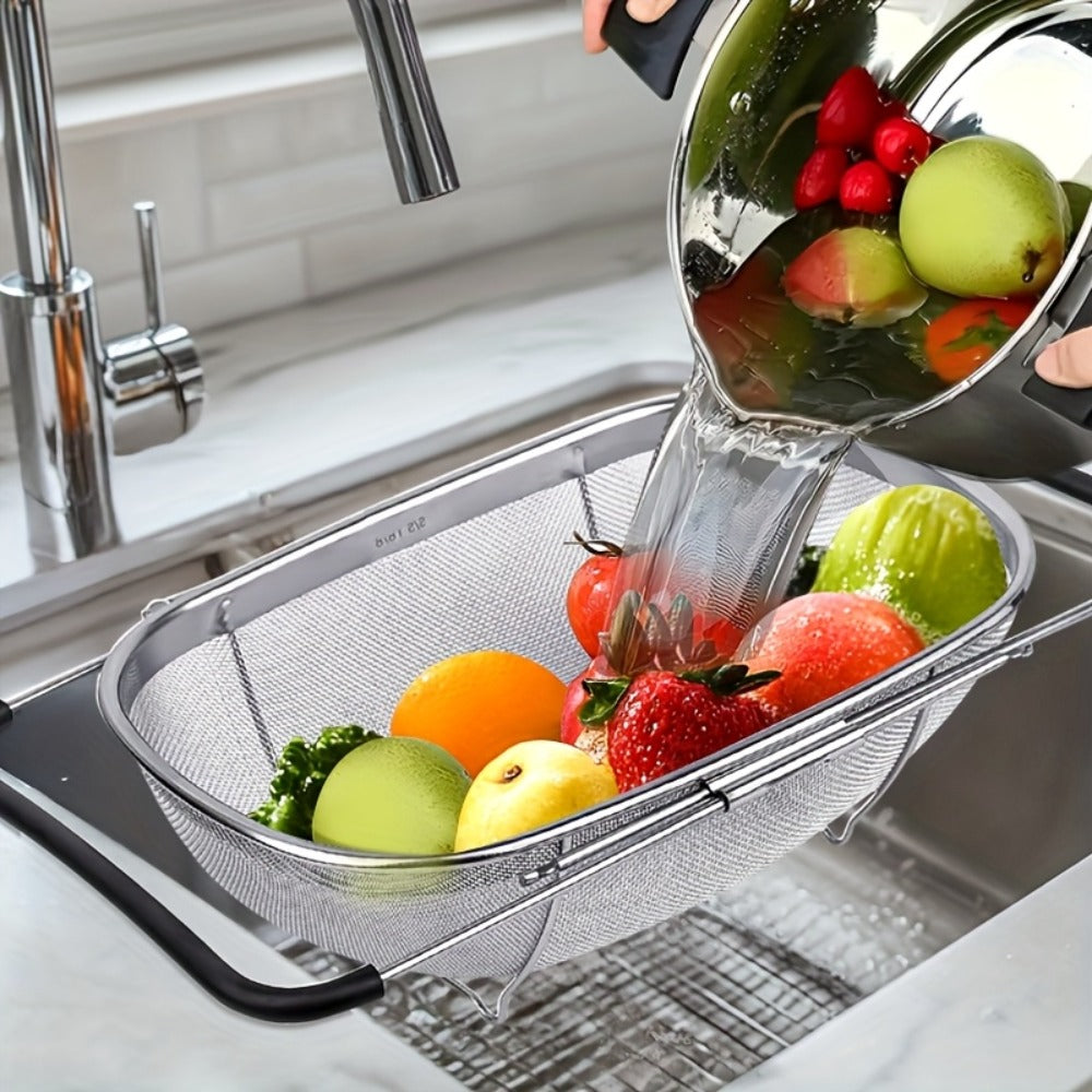 Stainless Steel Colander Expandable Fine Mesh Drain Basket Strainer for Vegetables Fruits Pasta Rice Kitchen Sink Washing Bowl Food Strainer