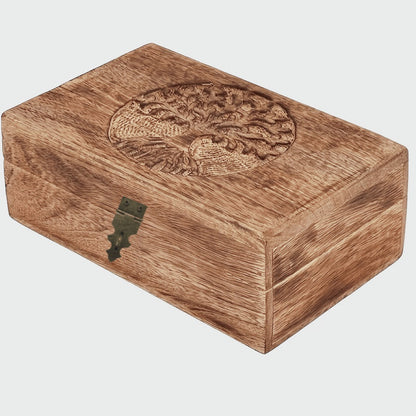 Jewelry Box, Handcrafted Paulownia Wood Keepsake Chest with Carved Tree-of-Life and Floral Motifs