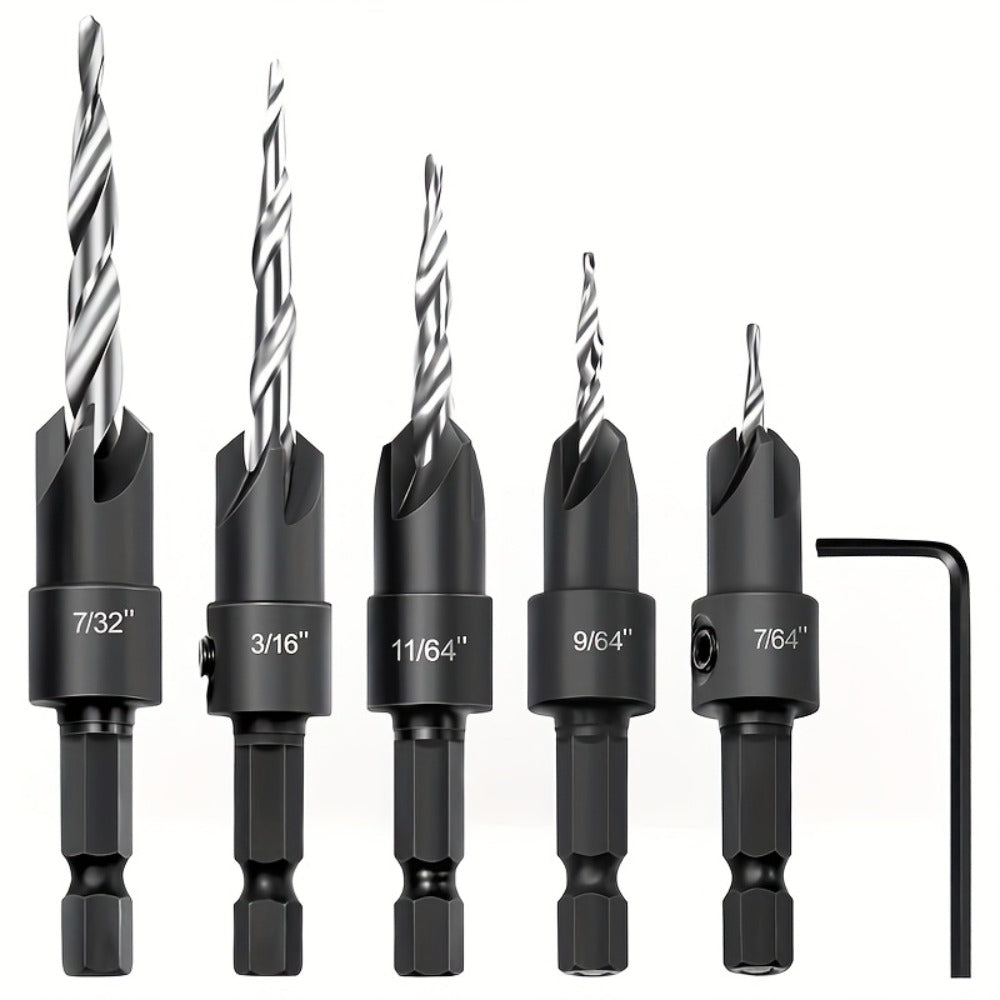5pcs Countersink Drill Bit Set #4 #6 #8 #10 #12 Tapered with 1/4" Hex Shank Quick-Change – Adjustable Wood Counter Sinker Bits with Allen Wrench for Woodworking