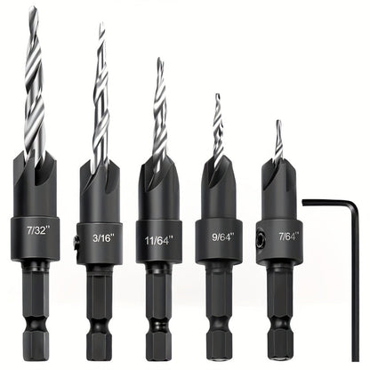 5pcs Countersink Drill Bit Set #4 #6 #8 #10 #12 Tapered with 1/4" Hex Shank Quick-Change – Adjustable Wood Counter Sinker Bits with Allen Wrench for Woodworking