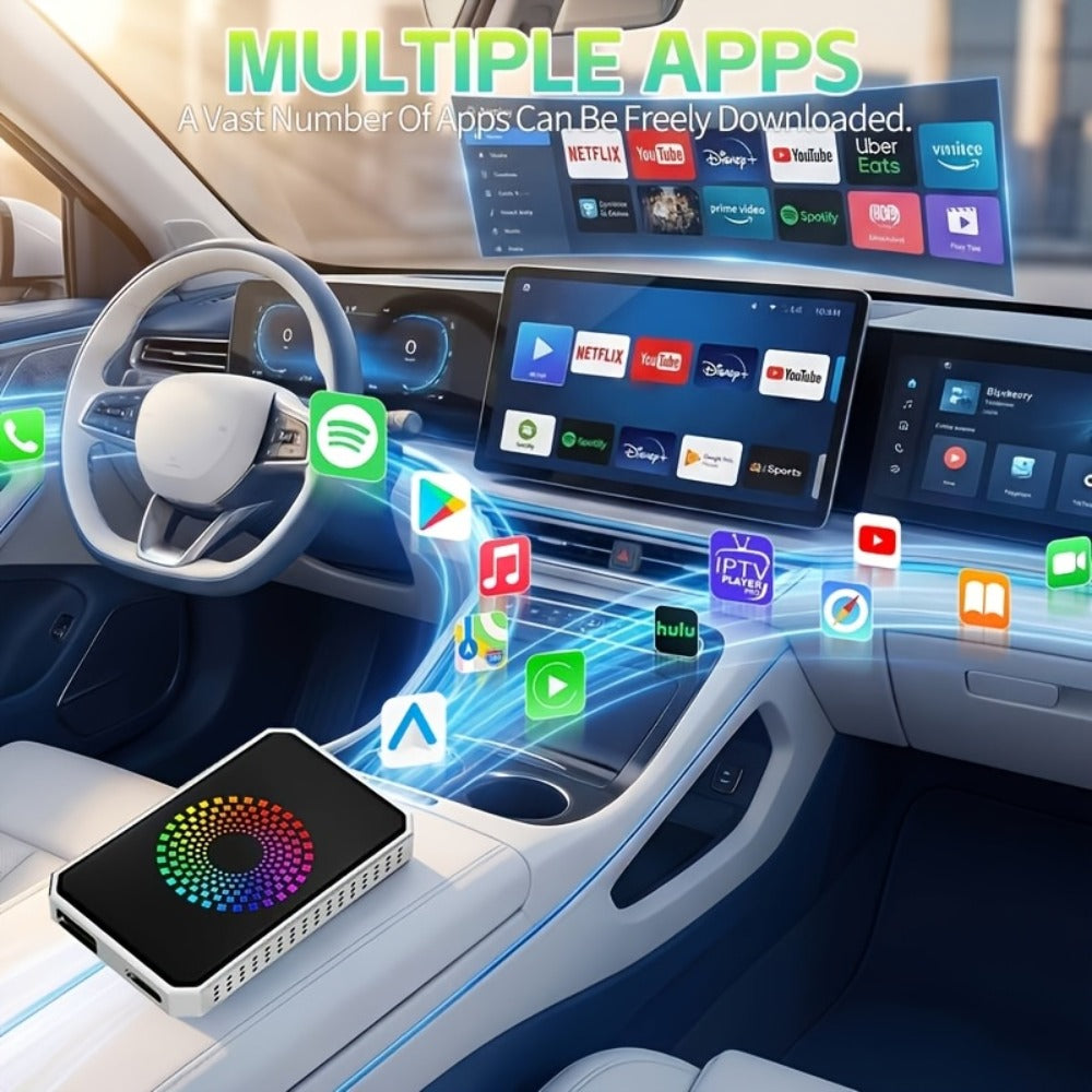 Wireless CarPlay Adapter AI Box 3-in-1 – Netflix YouTube TikTok Streaming, Dual WiFi 2.4G+5G, USB Drive Support, for OEM Wired Apple CarPlay & Android Auto, iPhone 10+ & 2018+ Cars