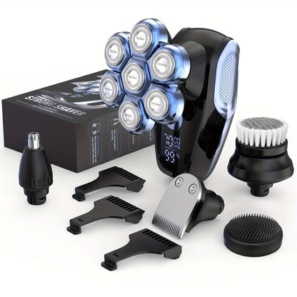Electric Head Shaver for Bald Men 7D 7 Floating Heads — All-in-One Grooming Kit with Nose Hair Trimmer & Facial Cleaning Brush, 1.5H Fast Charging, Travel Lock, Rechargeable Men's Razor Gift Set (Blue/Black/Gold/Coffee)