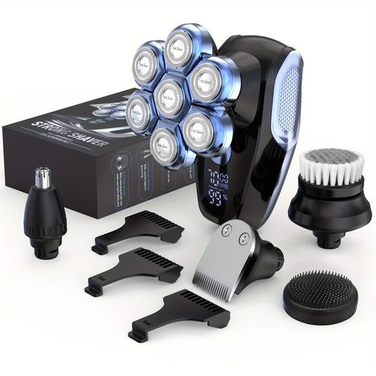 Electric Head Shaver for Bald Men 7D 7 Floating Heads — All-in-One Grooming Kit with Nose Hair Trimmer & Facial Cleaning Brush, 1.5H Fast Charging, Travel Lock, Rechargeable Men's Razor Gift Set (Blue/Black/Gold/Coffee)