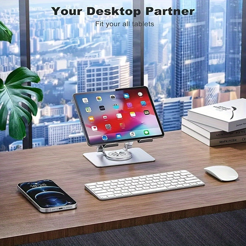 Black or Silver Rotating Tablet Stand with Foldable Desktop Base, Adjustable Tilt and Portrait or Landscape Viewing