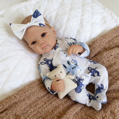 18-Inch Baby Doll in Blue-Print Outfit with Sleeping or Open-Eye Face Options and No Bottle or Pacifier