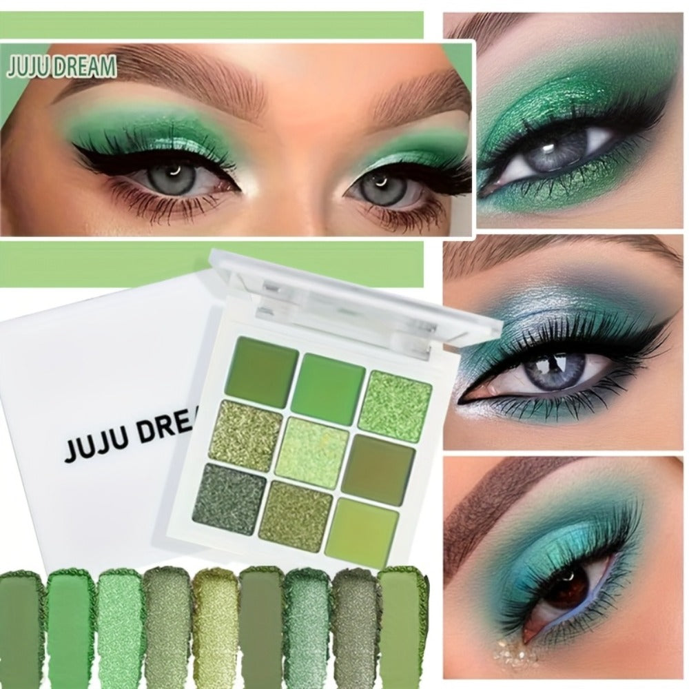 Eyeshadow Palette JUJU DREAM 9-Shade Green Compact with Avocado-Forest Color Theme and Matte-Shimmer Mix