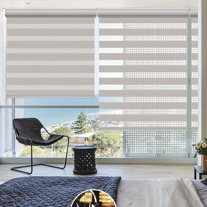 Cordless Zebra Roller Shade with Valance – Day Night Window Blind, Light Filtering Dual Layer Window Treatment Mesh Opaque Fabric
