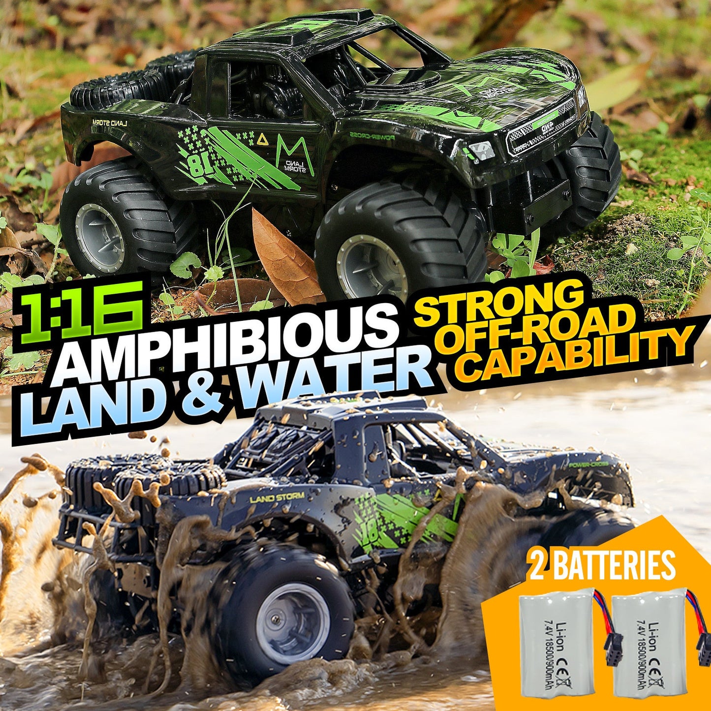 RC Monster Truck or Pickup 1:16 Scale in Five Body and Color Styles with 4WD Layout and Two Rechargeable Batteries
