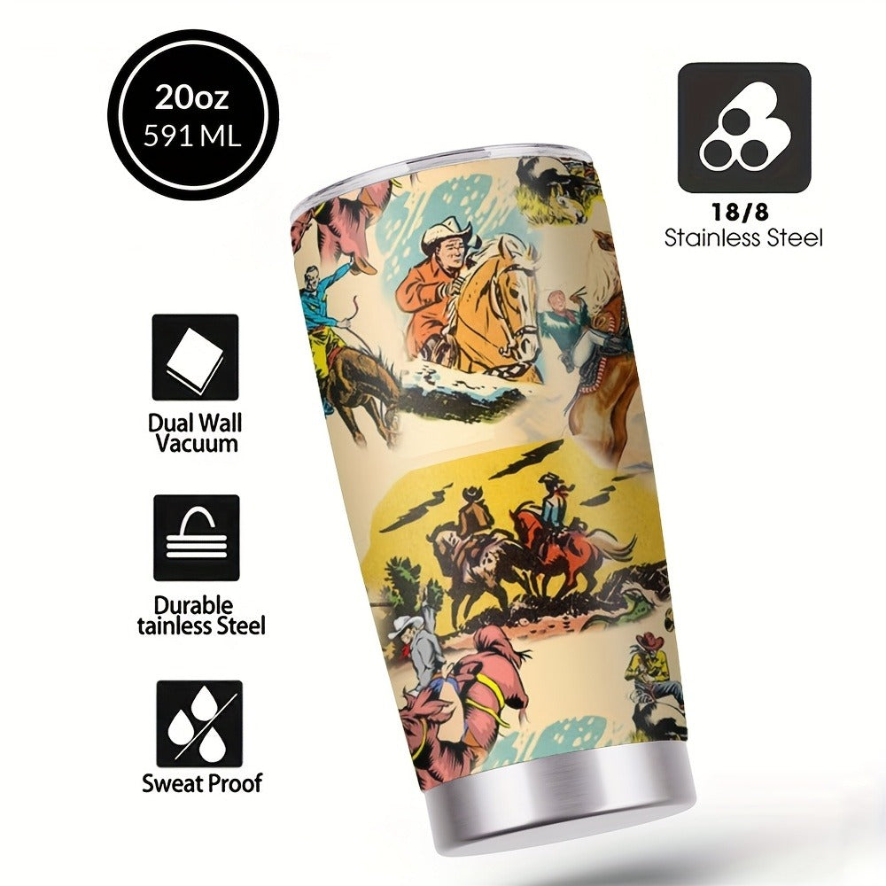 Cowboy Insulated Tumbler 20oz Stainless Steel with Lid & Straw | Western Graphic Travel Cup for Hot & Cold Drinks – Camping Drinkware, Birthday & Holiday Gift for Men & Women