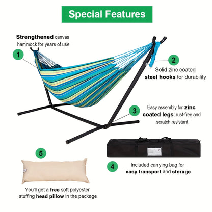 Hammock and Steel Stand Set with Pillow, Carry Case, Eight Colors and 450 lb Load-Limit Marking