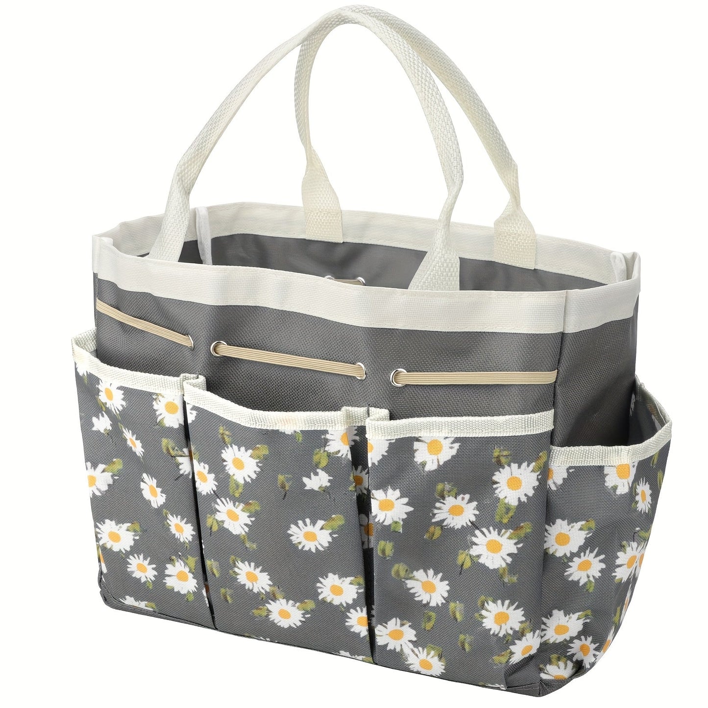Multi-Pocket Garden Tool Organizer Tote with Daisy Pattern and Black or Gray Checkout Color Options