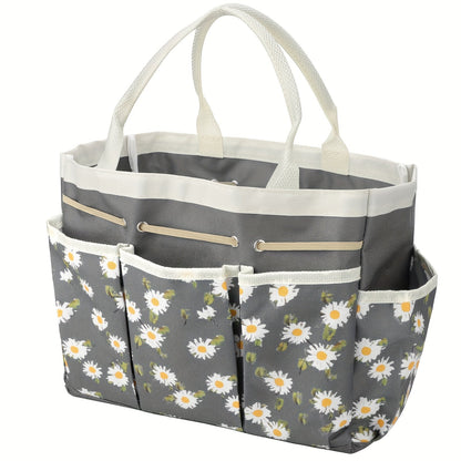 Multi-Pocket Garden Tool Organizer Tote with Daisy Pattern and Black or Gray Checkout Color Options
