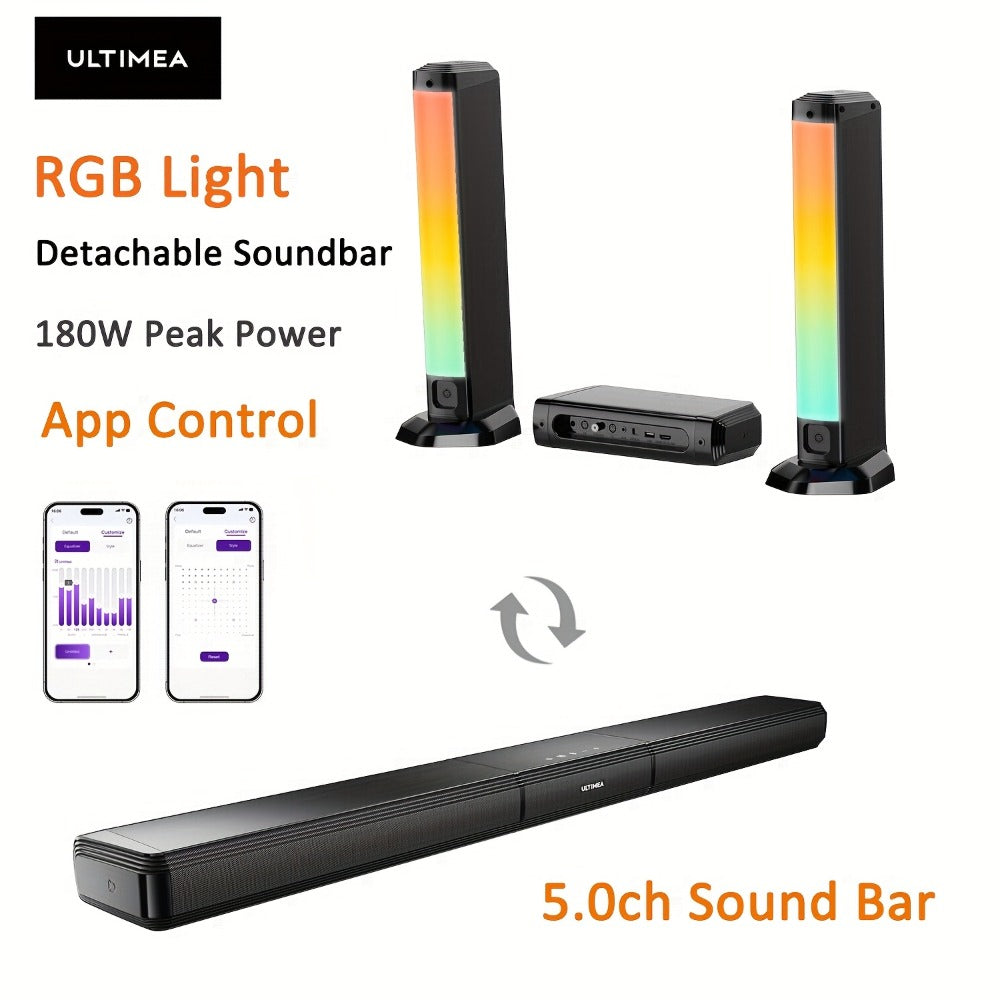 ULTIMEA Soundbar with Built-In Subwoofer – Choose 2.2CH 100W Detachable, 2.1CH 120W App Control, or 5.0CH 180W RGB Surround System, Bluetooth 5.3, ARC Optical AUX, 3 EQ Modes, Home Theater Speaker