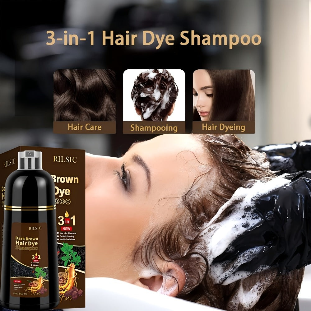 Hair Dye Shampoo, RILSIC 500ml Black 3-in-1 Single Bottle with Pump Dispenser for At-Home Color Application