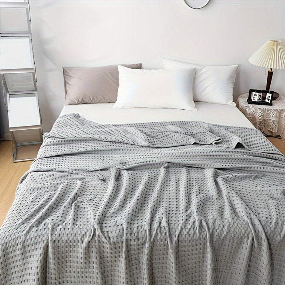 Cotton Waffle Blanket – Pure Cotton Multilayer Summer Cooling Quilt, Jacquard Knit, Machine Washable, Air Conditioning Blanket