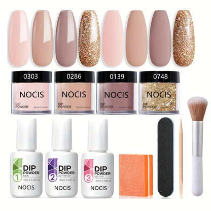 Dip Powder Nail Kit with NOCIS Label, Four Nude and Gold Glitter Powders, Three 10ml Liquids and Four Tools