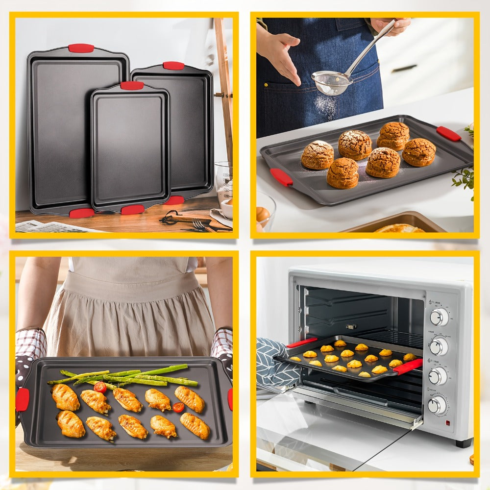 Three-Pan Gray Baking Sheet Set or Nine-Piece Kit with Six Utensils and Red Silicone Grips