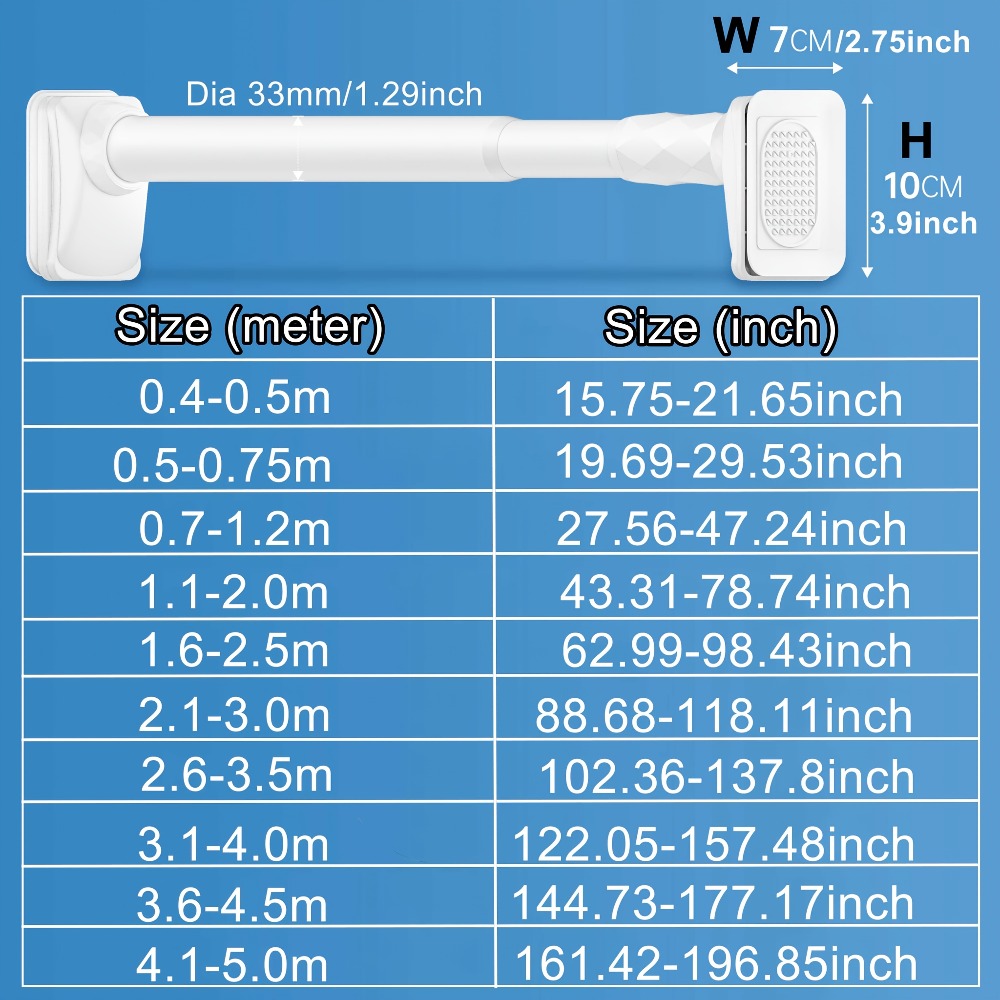 No-Drill Tension Curtain Rod with 33 mm Tube, Black, White or Grey Finish and 15.75–196.85 Inch Ranges