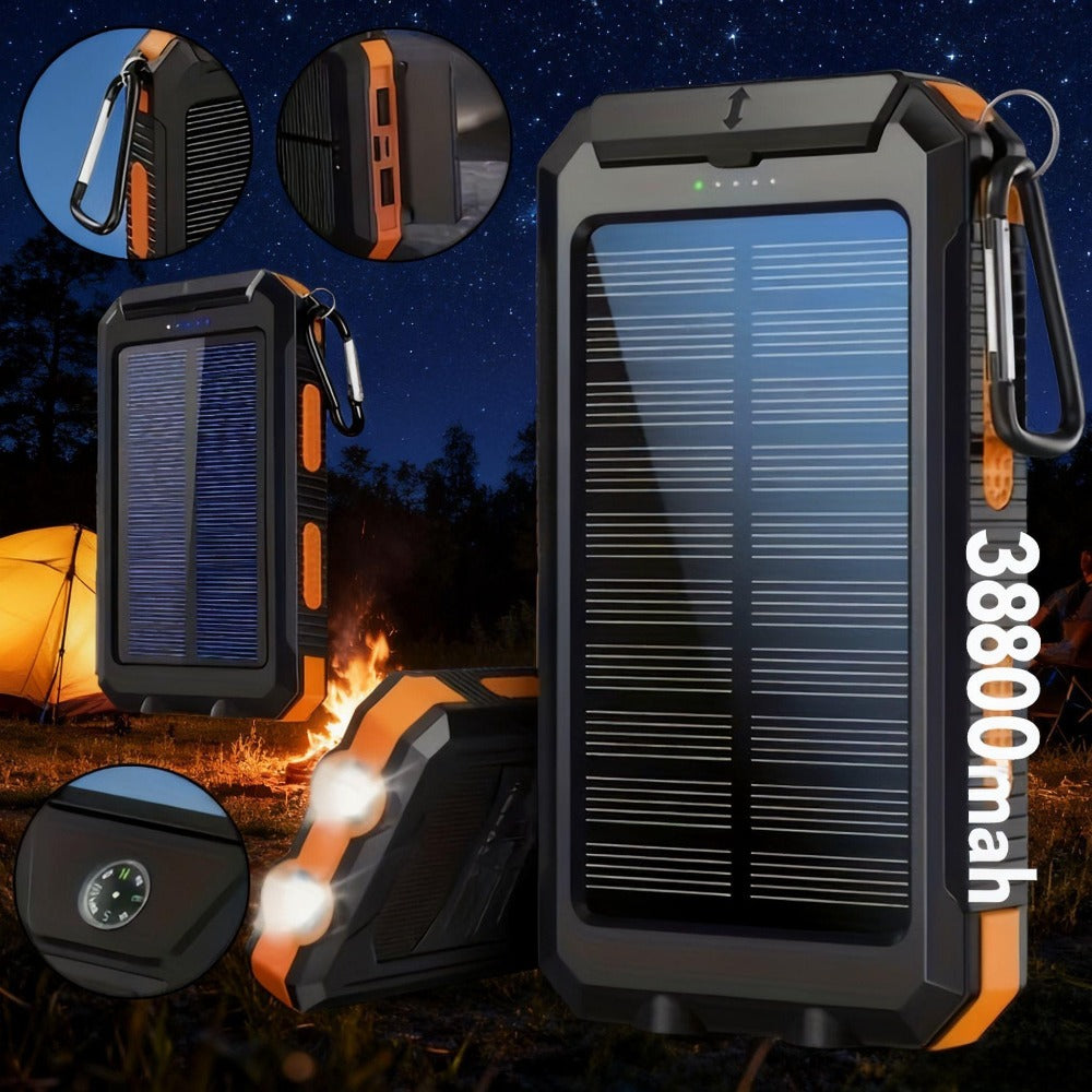 Power Bank Solar 38800mAh with QC3.0, USB-C, Dual USB Outputs, LED Flashlight and Compass for Outdoor Use