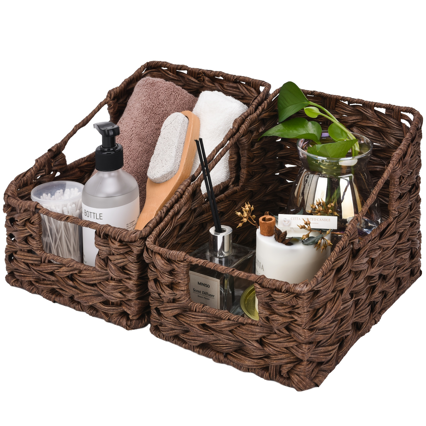 Seagrass & Water Hyacinth Storage Basket with Built-in Handles - Hand-Woven Square Wicker Bins for Bedroom Bathroom Pantry Shelves, Multiple Styles