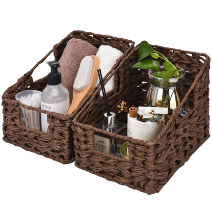Seagrass & Water Hyacinth Storage Basket with Built-in Handles - Hand-Woven Square Wicker Bins for Bedroom Bathroom Pantry Shelves, Multiple Styles