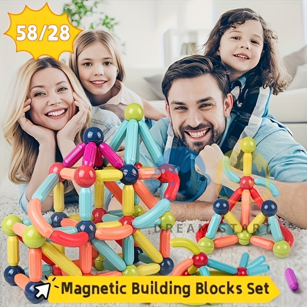 Magnetic Stick and Ball Building Set in 28-Piece or 58-Piece Multicolor Options for Pictured 3D Shapes