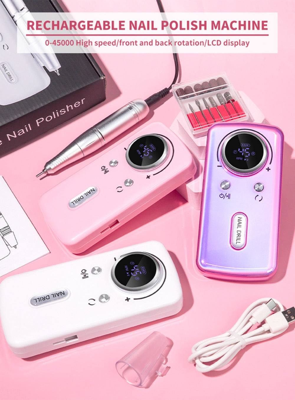 Cordless Nail Drill 45000 RPM Low Noise Rechargeable Electric Nail File Kit Portable Lightweight for Acrylic Gel Nails Manicure Pedicure Salon Home Use White Pink Purple