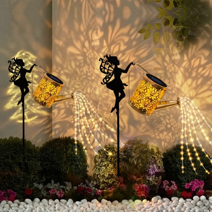 Solar Garden Lights 2-Piece Watering Can Waterfall String Lights, IP65 with Ground Stakes Set