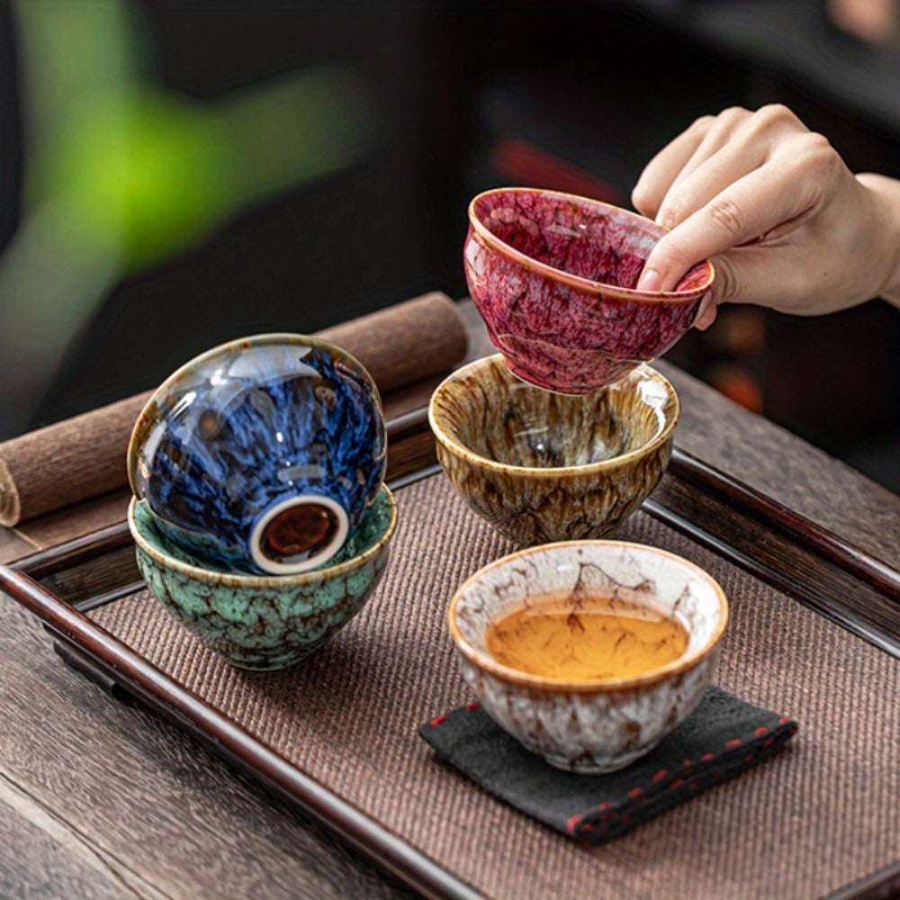 Jianzhan Ceramic Tea Cups Set of 5 – Handmade Kiln-Changed Glazed Kung Fu Teacups, Traditional Chinese Porcelain, Unique Gift for Home Office Business