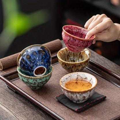 Jianzhan Ceramic Tea Cups Set of 5 – Handmade Kiln-Changed Glazed Kung Fu Teacups, Traditional Chinese Porcelain, Unique Gift for Home Office Business