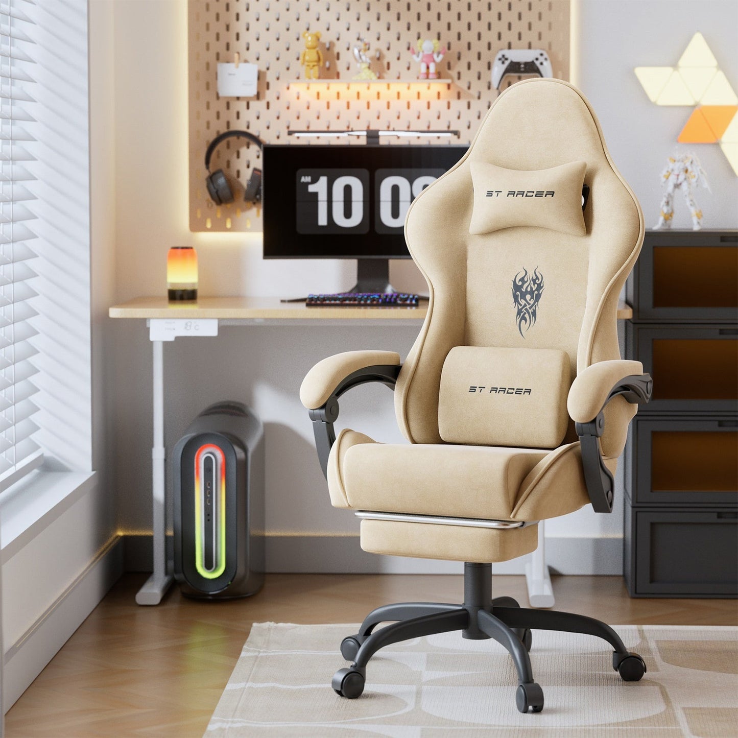 Gaming Chair Ergonomic Esports Chair – Skin-Friendly PU Leather, Thickened Board, Linkage Armrest, Adjustable Footrest & Headrest, Multi-Angle Reclining Office Game Chair, Solid Color, Black or Red
