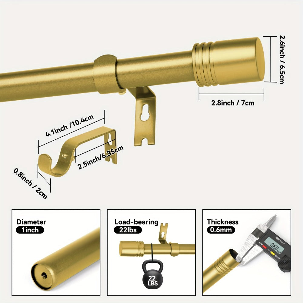 One-Inch Adjustable Curtain Rod with Rounded Cup Finials in Black, Brushed Nickel or Gold Finish