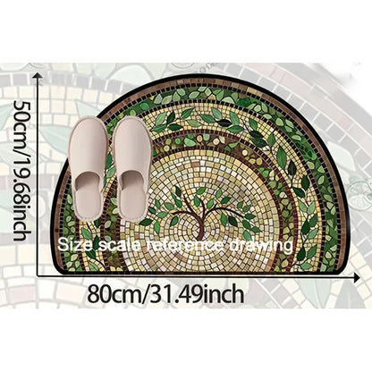 Green Leaf Mosaic Door Mat with Half-Round Shape, Concentric Decorative Borders and 32 x 20-Inch Size