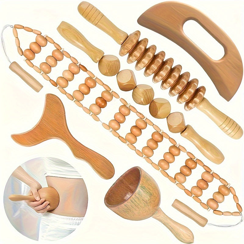 Wooden Manual Massage Tool Set, Six-Piece Roller and Scraping Kit with Textured Heads for Face, Neck and Body