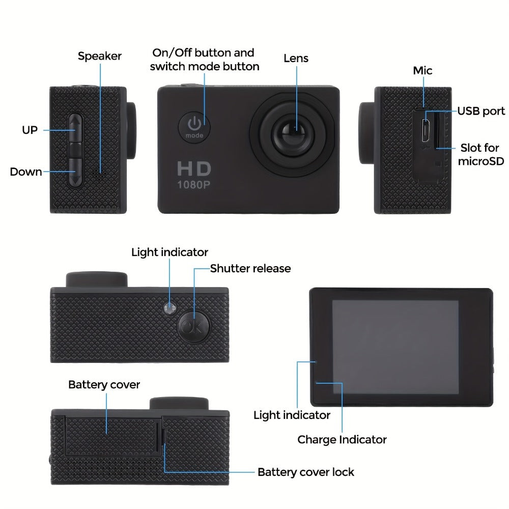 1080P 30fps-Labeled Action Camera with 170-Degree Lens, 2-Inch LCD, 900mAh Battery and Mounting Accessories