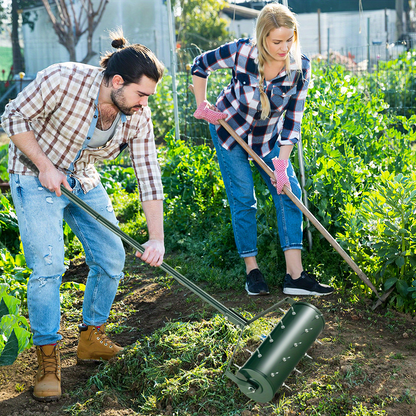 Rotary Lawn Aerator 18" Spike Drum with 27 Galvanized Steel Spikes, Fillable with Sand or Stone, 51" Anti-Slip Handle for Deep Soil Aeration Lawn Garden Yard