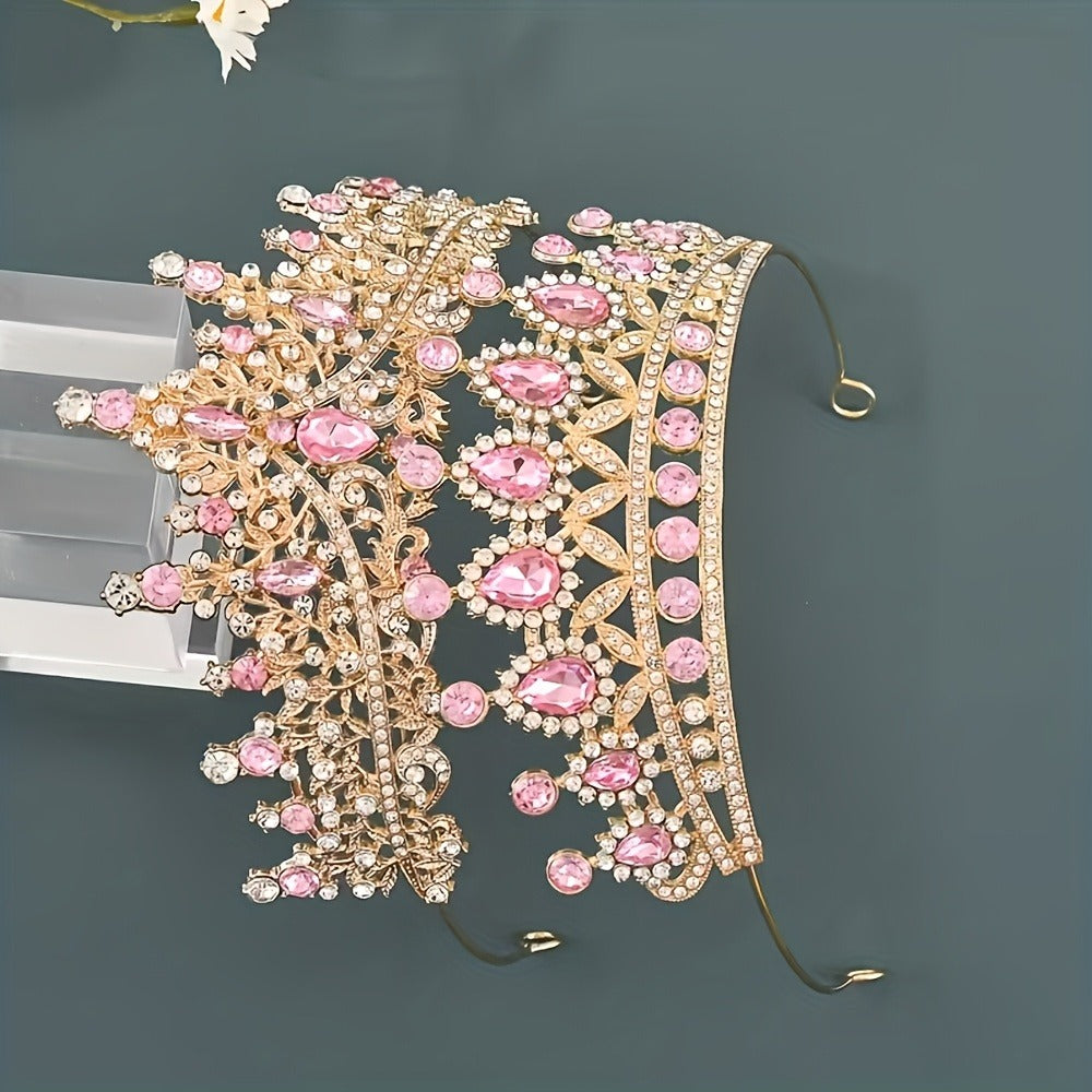 Pink Crystal-Look Crown and Tiara Two-Piece Costume Headwear Set with Hair Combs for Dress-Up