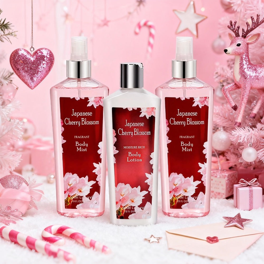 Body Care Gift Set for Women 3pcs – Body Wash, Lotion & Perfume Long-Lasting Fragrance Moisturizing Skin Care Kit Sweet Bloom Cherry Blossom Coconut Lime Lavender