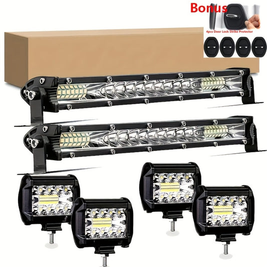 Off-Road LED Light Bar Kit 2x10 Inch Bar + 4x4 Inch Spot Lights – High-Intensity Driving Lights for Jeep Truck SUV Car 4x4 Off-Road Universal Fit