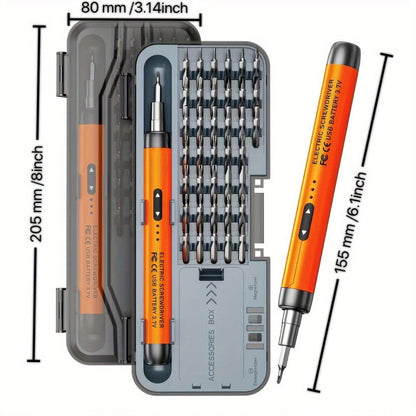 USB-Rechargeable Precision Electric Screwdriver Kit with 38 Magnetic Bits in Five Handle Colors