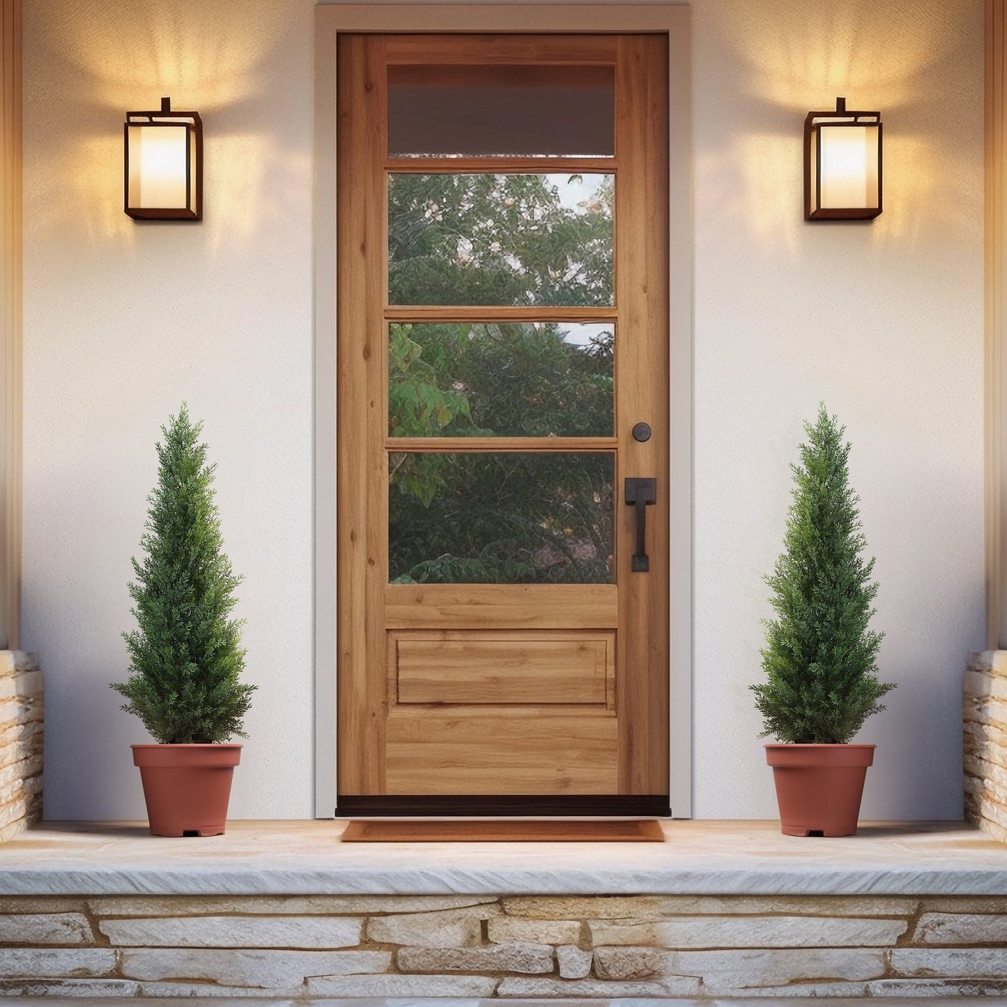 Artificial Cedar Topiary Tree with 3, 4 or 5 ft Height Options, Black Pot and Single or Two-Tree Sets