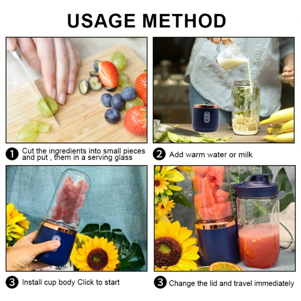 Portable Blender Juicer Double Cup 1500mAh Rechargeable – Food-Grade ABS Multifunctional Fruit Vegetable Juicer | USB Charging Gift Box | Blue Pink White Summer Kitchen Essential