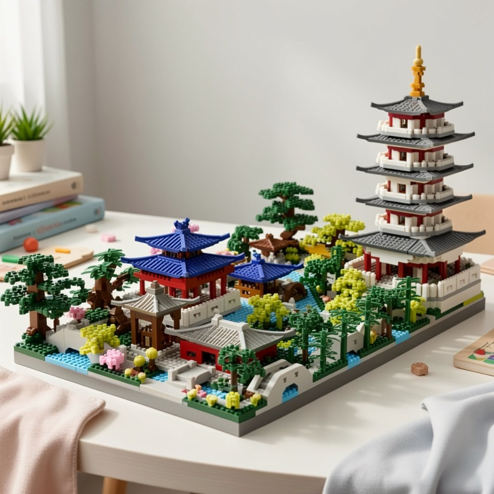 Hangzhou West Lake Architecture Building Block Model with 3,282 Pieces, Pagoda, Gardens and 11-Inch Base
