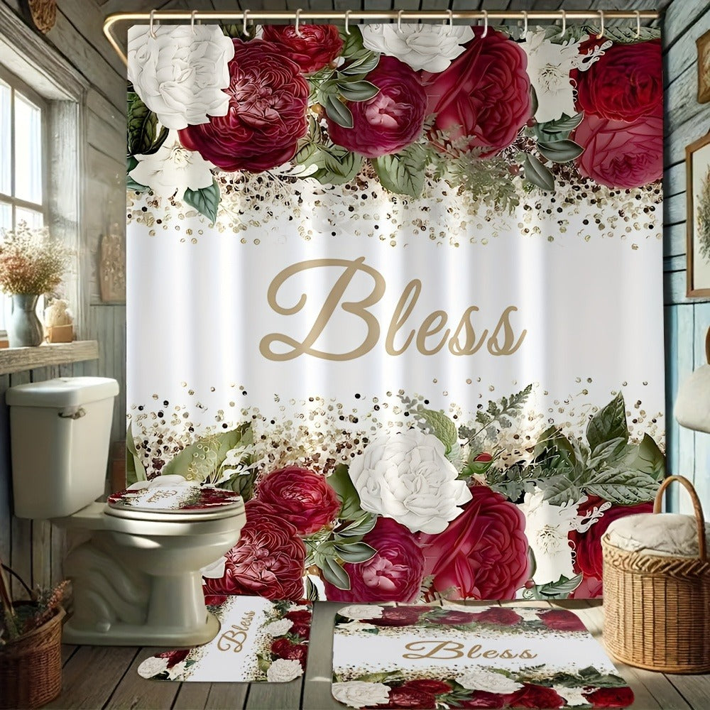 Four-Piece Rose and Bless Shower Curtain Set with Coordinated Mats, Lid Cover and Twelve White Hooks