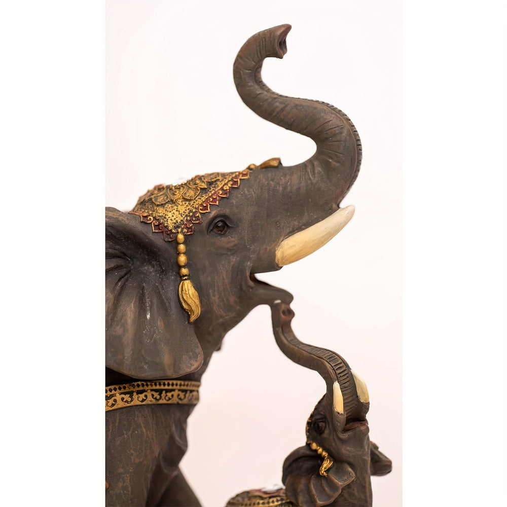 Mama and Baby Elephant Tabletop Figurine in Dark Brown with Raised Trunks and Ornate Gold-Tone Details