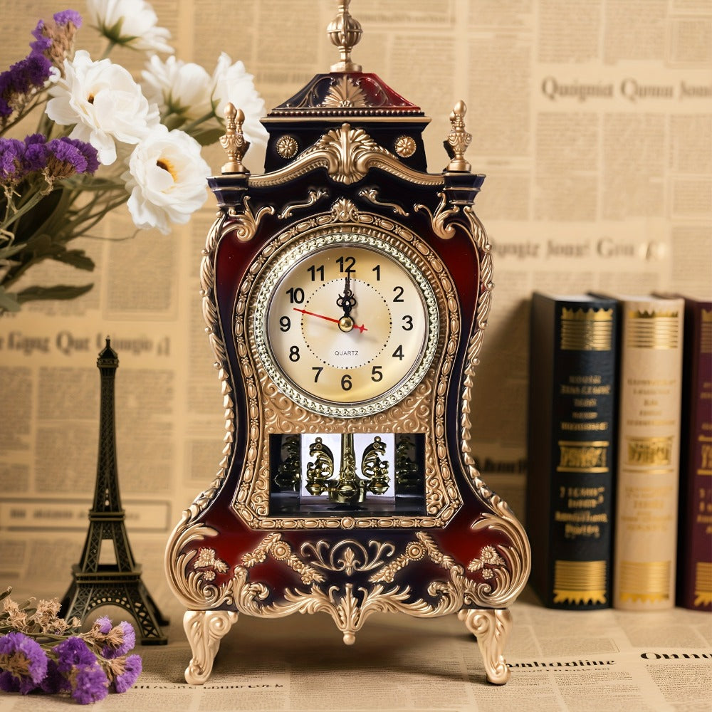 Ornate Brown-Red Tabletop Alarm Clock with Analog Dial, Decorative Pendulum Window and 14-Inch Height