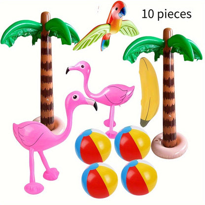 Hawaiian Luau Inflatable Decoration Set with Two Palm Trees, Two Flamingos, Four Beach Balls, Parrot and Banana